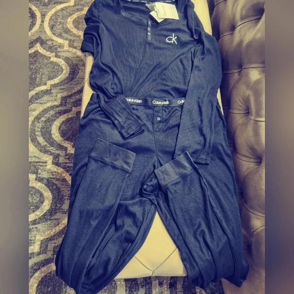 Calvin Klein Pajama Set Long Sleeve Shirt Loungewear Viscose  Dark Navy Size M L - Picture 7 of 11